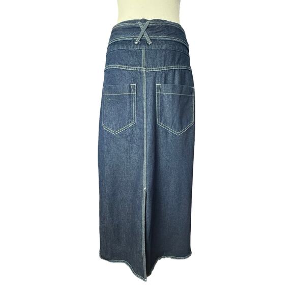 Adolfo Dominguez Denim Maxi Skirt Asymmetrical Belt Button Closure Dark Size 2 - Picture 4 of 8